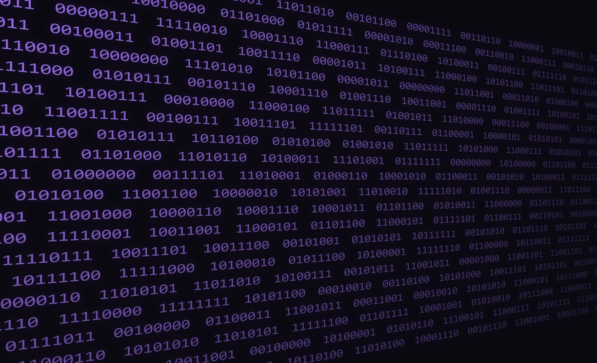 A field of 1s and 0s, rows of eight-bit bytes receding into the dark.