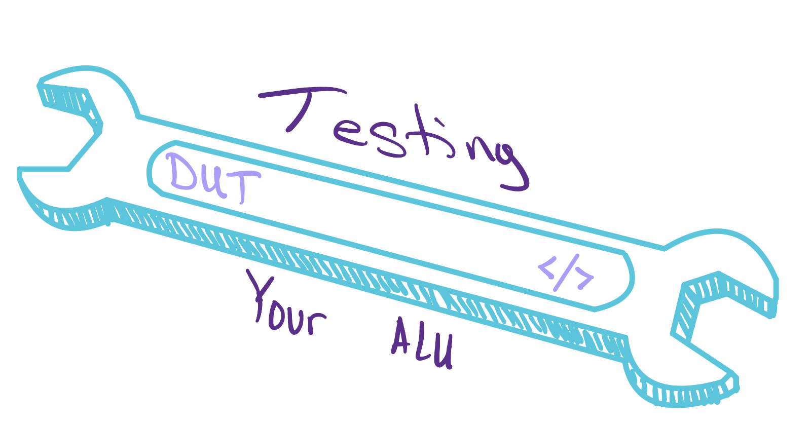 A hand-drawn cyan wrench labeled 'Testing Your ALU' in purple, with the words DUT and a code icon (angle brackets around a slash) sketched along its handle — the ALU is the design under test being worked on.