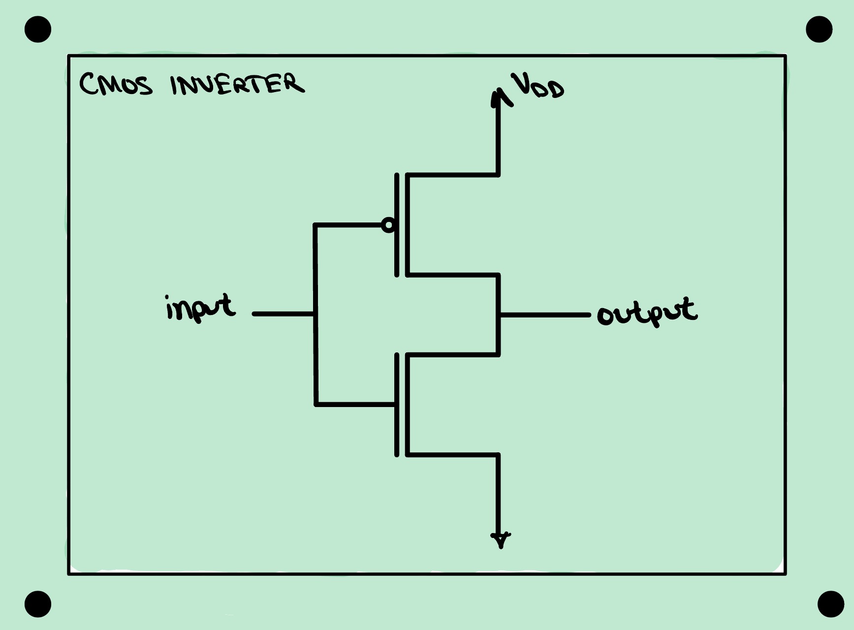 The schematic of a CMOS inverter: a p-type transistor on top with its source tied to V-DD and an n-type transistor below it with its source tied to ground, their gates joined on the left as the input and their drains joined on the right as the output.
