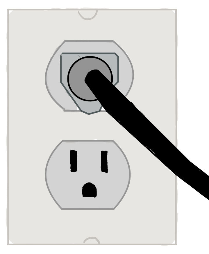 A hand-drawn wall outlet with a single plug pushed into the top socket, illustrating that only one machine can draw power at a time.