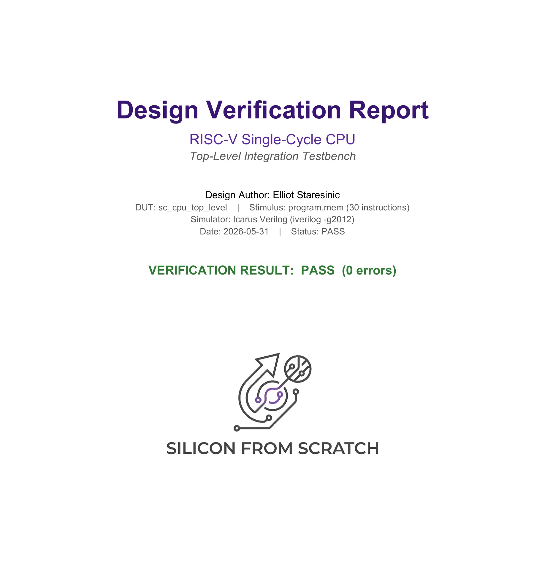 The first page of the Design Verification Report for the RISC-V single cycle CPU, showing the title, a verification result of PASS with zero errors, and the Silicon From Scratch logo.